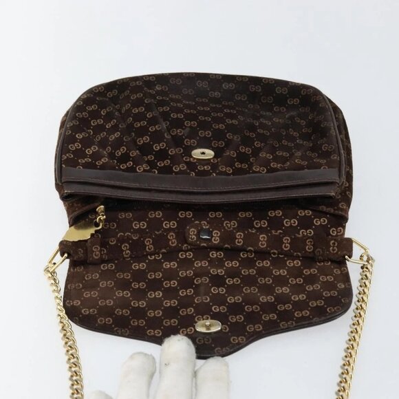 GUCCI Micro GG Canvas Chain Shoulder Bag Suede Brown Gold Auth BA6560 - Picture 10 of 16